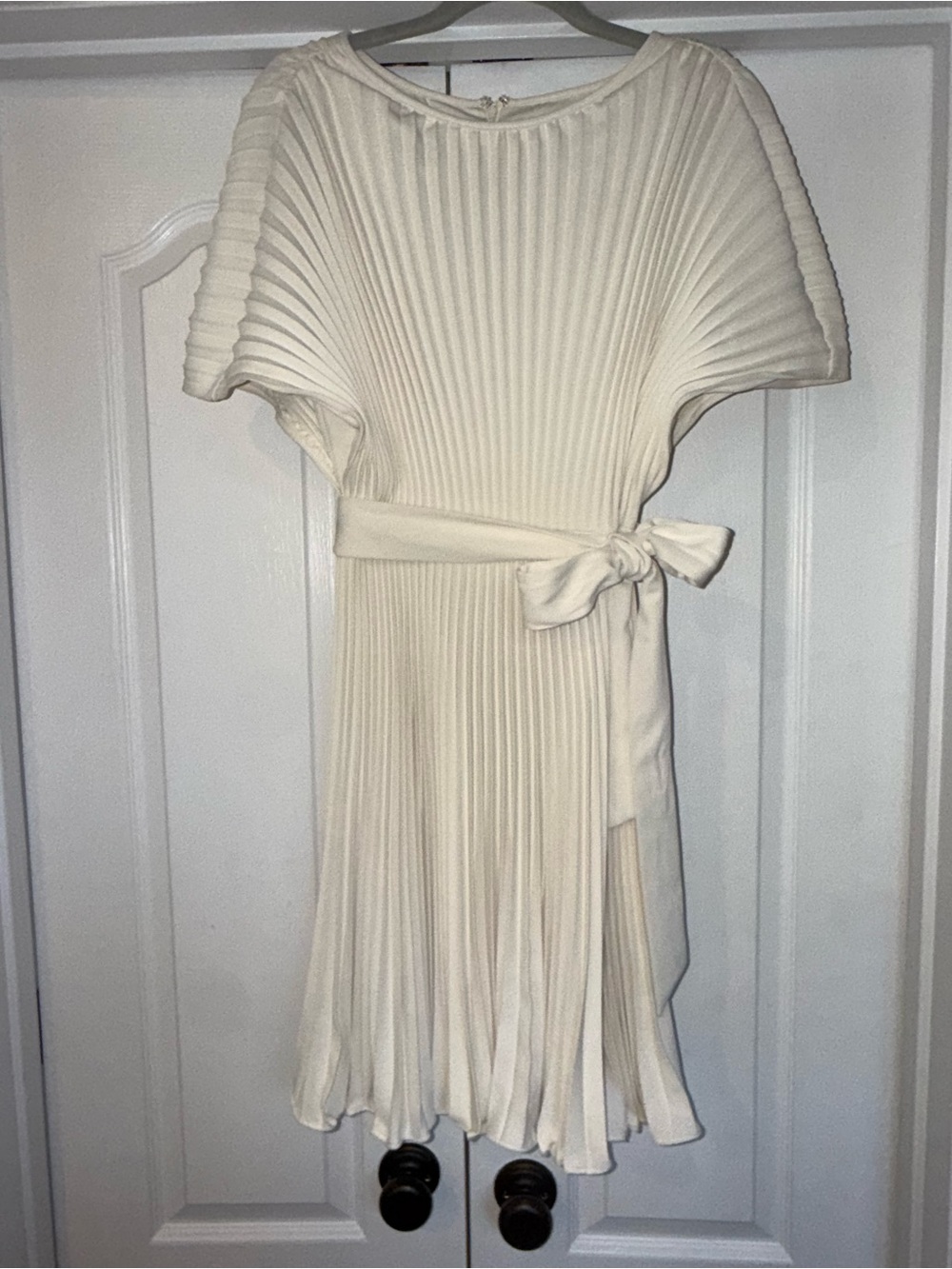 DKNY Ivory Pleated Midi Dress with Tie Waist
